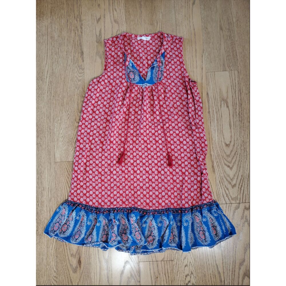 beachlunchlounge collection XS  Tiana Red And Blue Paisley Dress Boho Tassel EUC